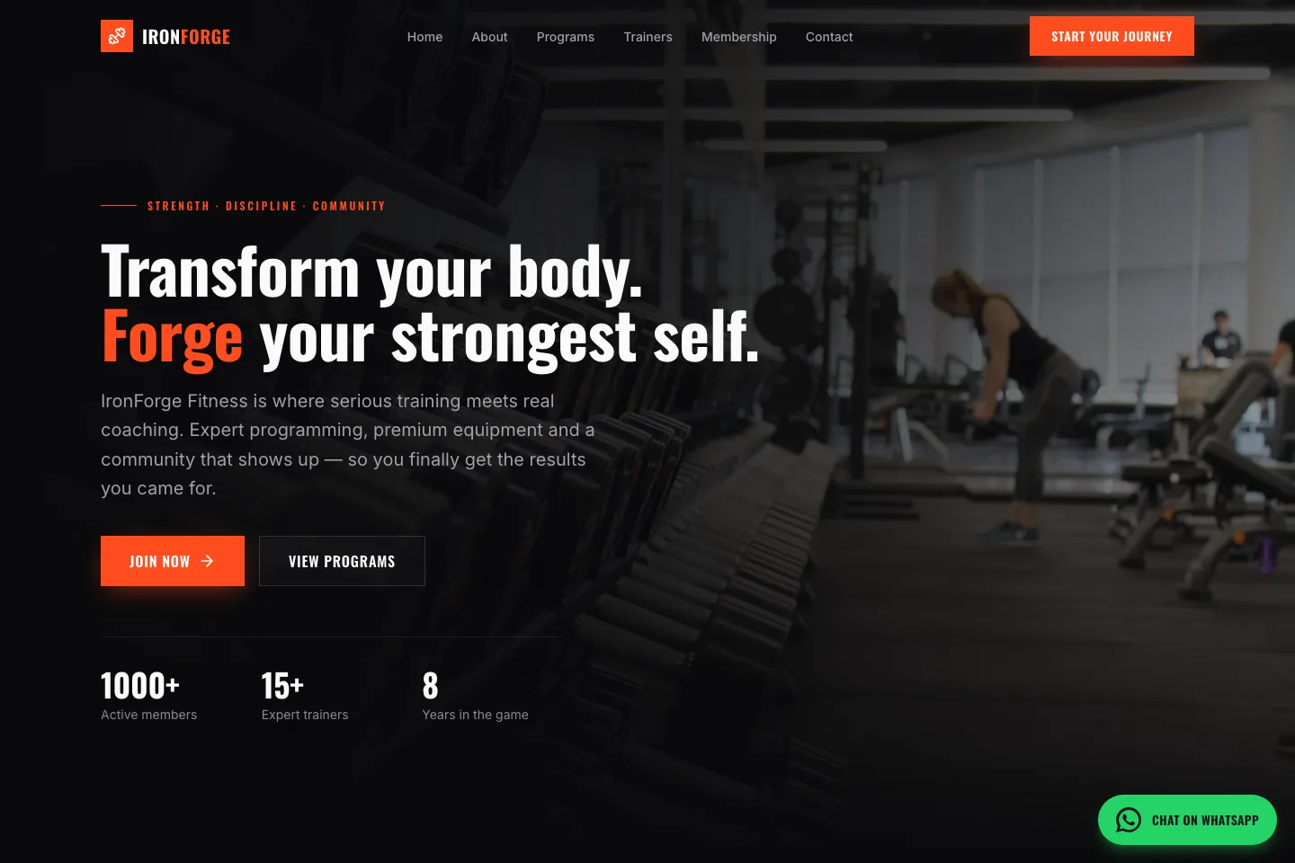 IronForge Fitness gym website homepage on desktop showing the hero section with a dark, bold design