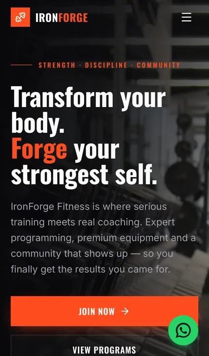 IronForge Fitness gym website homepage on a mobile screen