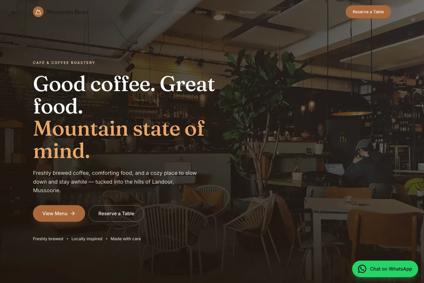 Mountain Bean Café website homepage on desktop showing a warm, photo-led hero section