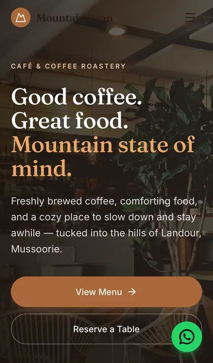 Mountain Bean Café website homepage on a mobile screen